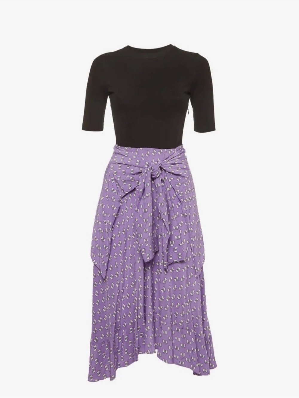 Maje Purple Bow Print Tie Waist Midi Dress Black